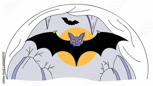 A bat flying in a cave with the moon in the background, isolated on white background