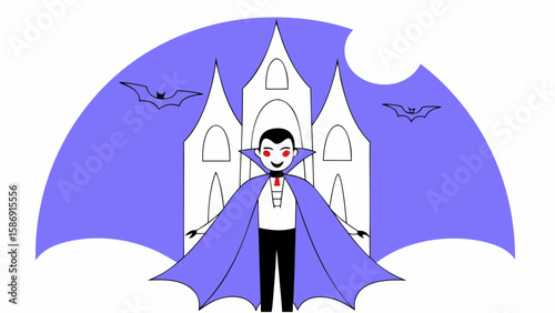 A cartoon vampire with bats in front of a spooky castle at night