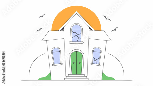 A cartoon haunted house with bats flying around on halloween night