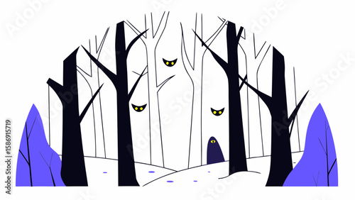 A small figure stands in a forest with glowing eyes watching from the trees