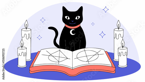 A black cat sits with a magic book and candles