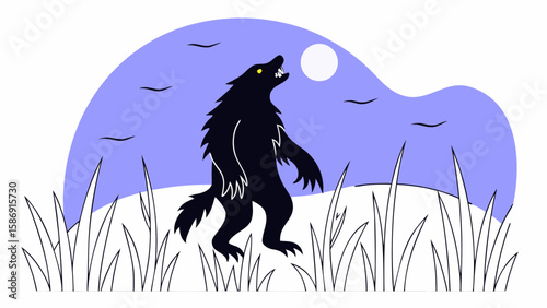 A werewolf howls at the moon in a field of tall grass at night