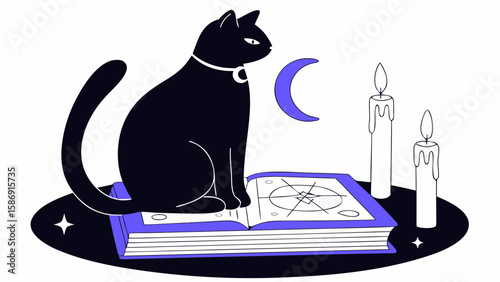 A black cat sits on a spell book with candles and a moon, isolated on white background