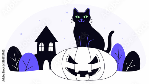 A black cat sits behind a jackolantern with a haunted house in the background