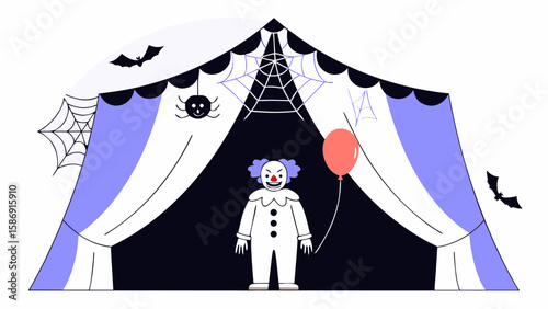 A scary clown stands in a circus tent with bats and spiderwebs
