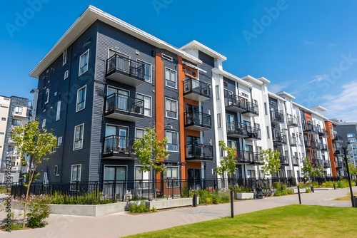 Modern apartment buildings line a sunny urban walkway.