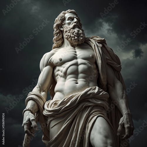 Statue of Zeus, king of gods on Mount. Muscular figure with long hair, beard. Divine power, ancient Greek mythology, thunder god symbol. Dramatic dark sky background enhances godly presence,