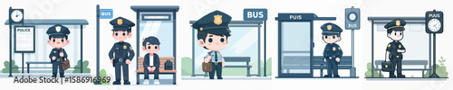 police character vector waiting at bus stop