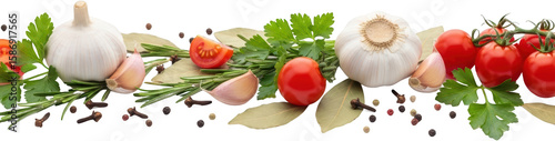 Garlic Bulbs Cherry Tomatoes Rosemary Parsley Bay Leaves Peppercorns And Cloves Transparent Background Transparent Background