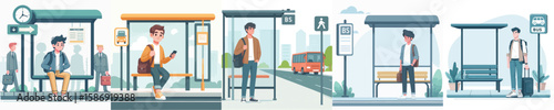 vector of young people waiting at the bus stop