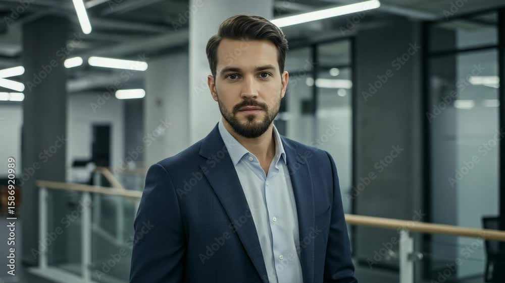 Confident young businessman with a beard standing in a modern office. Professional portrait of a successful male entrepreneur looking at the camera. Confident young businessman with a beard standing in a modern office. Professional portrait of a successful male entrepreneur looking at the camera.