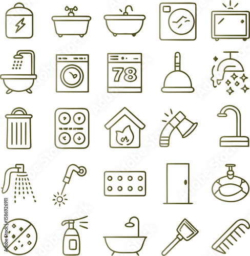 Bathroom icons featuring appliances and cleaning tools shower bathtub