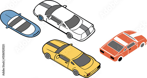 Blue yellow white orange cars with racing stripes blue car yellow car