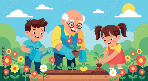 Grandfather and Grandchildren Gardening Together Illustration