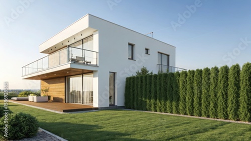 Modern white house with wooden accents and lush green landscaping