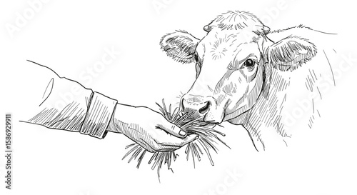 Farmer’s Hand Feeding Cow – Hand Drawn doodle Ink Sketch black and white illustration vector, Engraving Style or Woodcut SVG