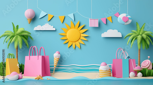 Colorful summer shopping background with beach theme in 3D