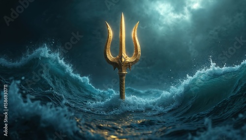 Golden trident emerges from powerful ocean waves. This mythical artifact symbolizes sea power and divine authority. Epic fantasy artwork featuring dramatic water and storm clouds.