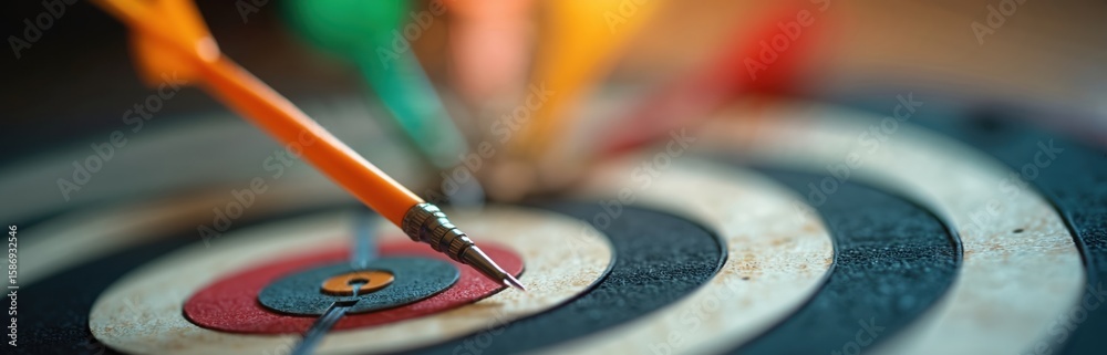 Obraz premium Orange dart pierces bullseye center on dartboard, accuracy, success. Darts in green, yellow, red blurred background. Close-up action shot represents goal achievement, precision, focused effort.