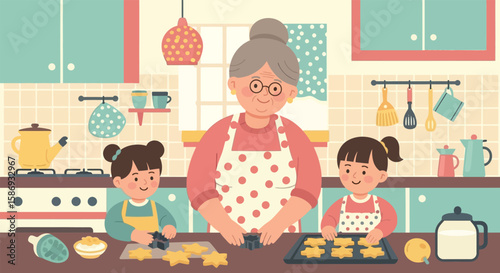 Grandma and Grandkids Baking Star Cookies Together
