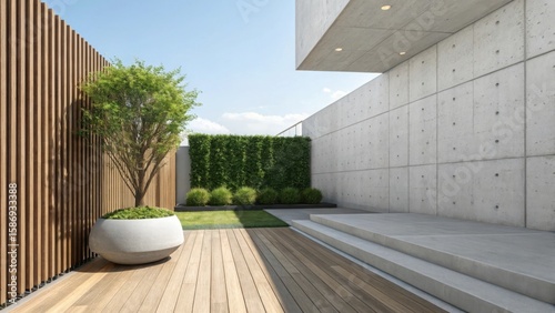 Modern courtyard oasis with wood decking and concrete walls