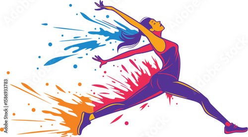 Energetic female dancer in motion with colorful splashes athletic