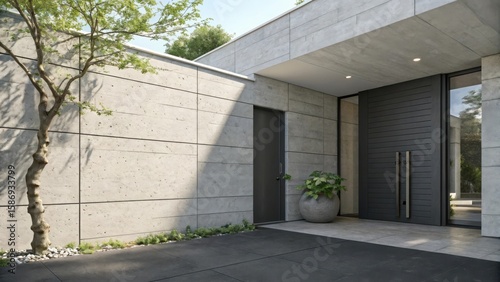 Modern concrete facade with large dark wood entrance door and tree