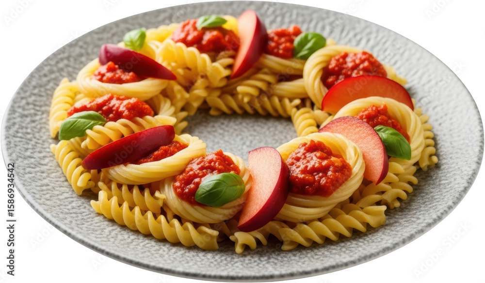 Circular pasta dish with tomato sauce basil and sliced fruit on a textured plate isolate Circular pasta dish with tomato sauce basil and sliced fruit on a textured plate isolate