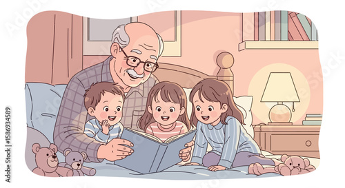 Grandpa Reading Bedtime Story to Kids