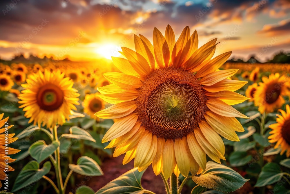 Fototapeta premium Macro photography captures the warm morning light on vibrant, golden hour sunflowers in full bloom.