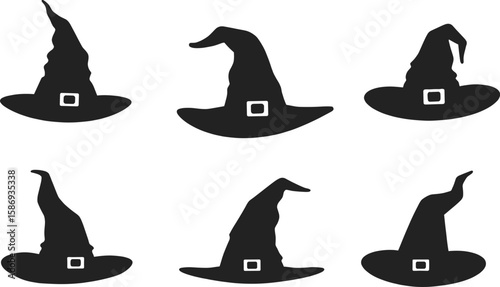 Six black witch hats with buckles halloween costume