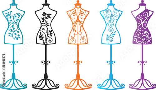 Five decorative dress forms in various colors and styles mannequin display