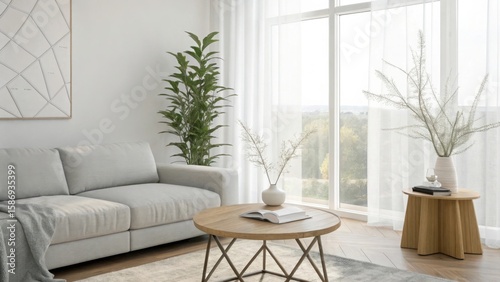 Modern living room with gray sofa wooden coffee table and large window