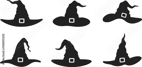 Six black witch hats with white buckles halloween costume