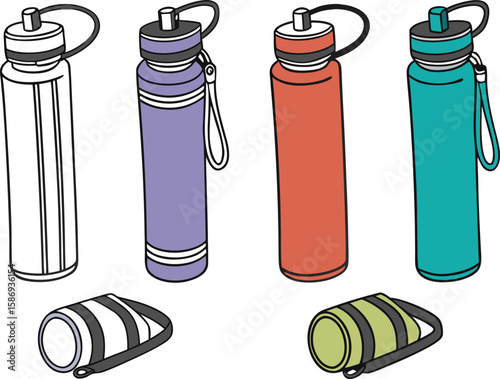 Four colorful water bottles and two rolled up mats reusable hydration