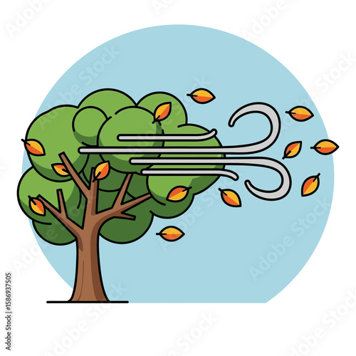 Tree with green leaves and wind blowing leaves in a blue circle.