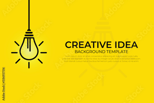 Minimalist background template with a hanging light bulb icon featuring smooth glowing on yellow background. Perfect for background template, creative idea, innovation, presentation, and business.