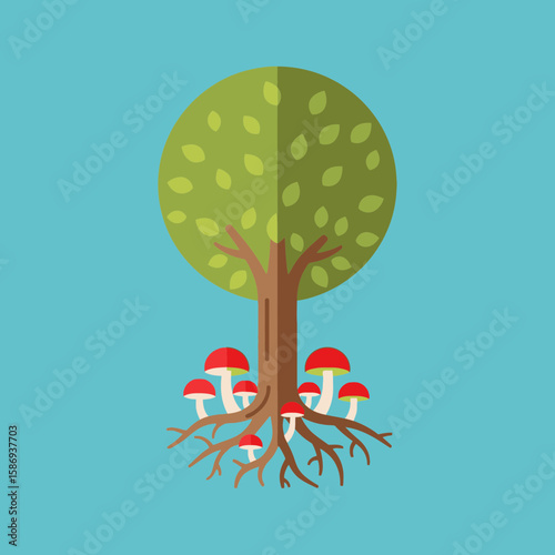 A tree with exposed roots and mushrooms growing around it on blue background.