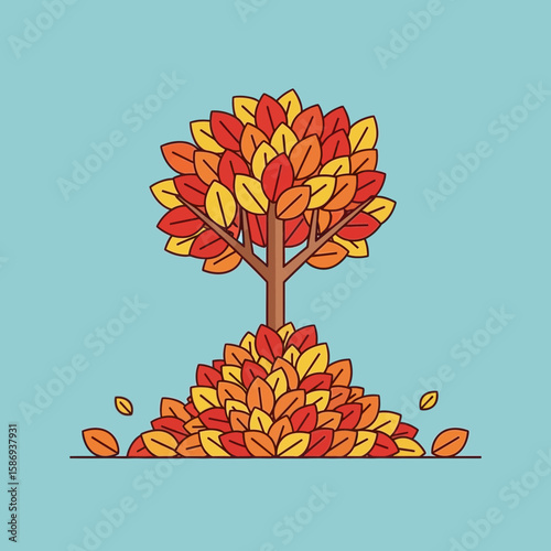 Cartoon tree with colorful leaves on a pile of fallen leaves.