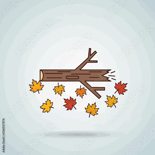 Autumn leaves falling from a brown branch on a light blue background.