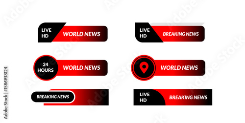 Red and black lower thirds for news broadcasts, displaying "Live HD," "World News," "Breaking News," and "24 Hours.".