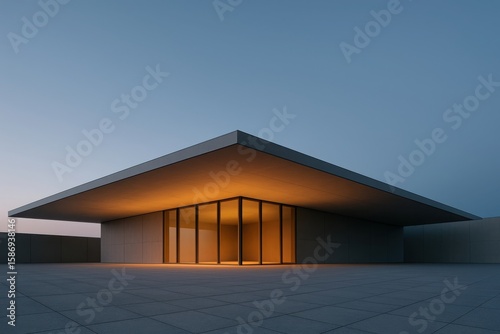 Modern minimalist building with expansive glass windows illuminated by warm interior lighting at twilight