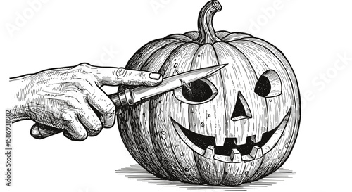Hand Carving Eyes on Halloween Pumpkin with Knife – Hand Drawn doodle Ink Sketch black and white illustration vector, Engraving Style or Woodcut SVG