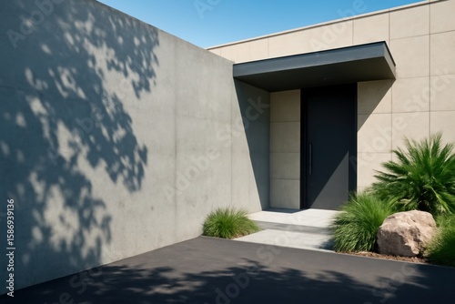 Modern architectural entrance with minimalist design featuring concrete walls a dark door and lush green landscaping with a large rock