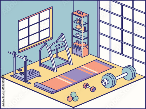 Isometric gym interior with exercise equipment and weights fitness workout