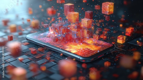 Abstract technological visualization featuring a smartphone with exploding cubes and particles on
