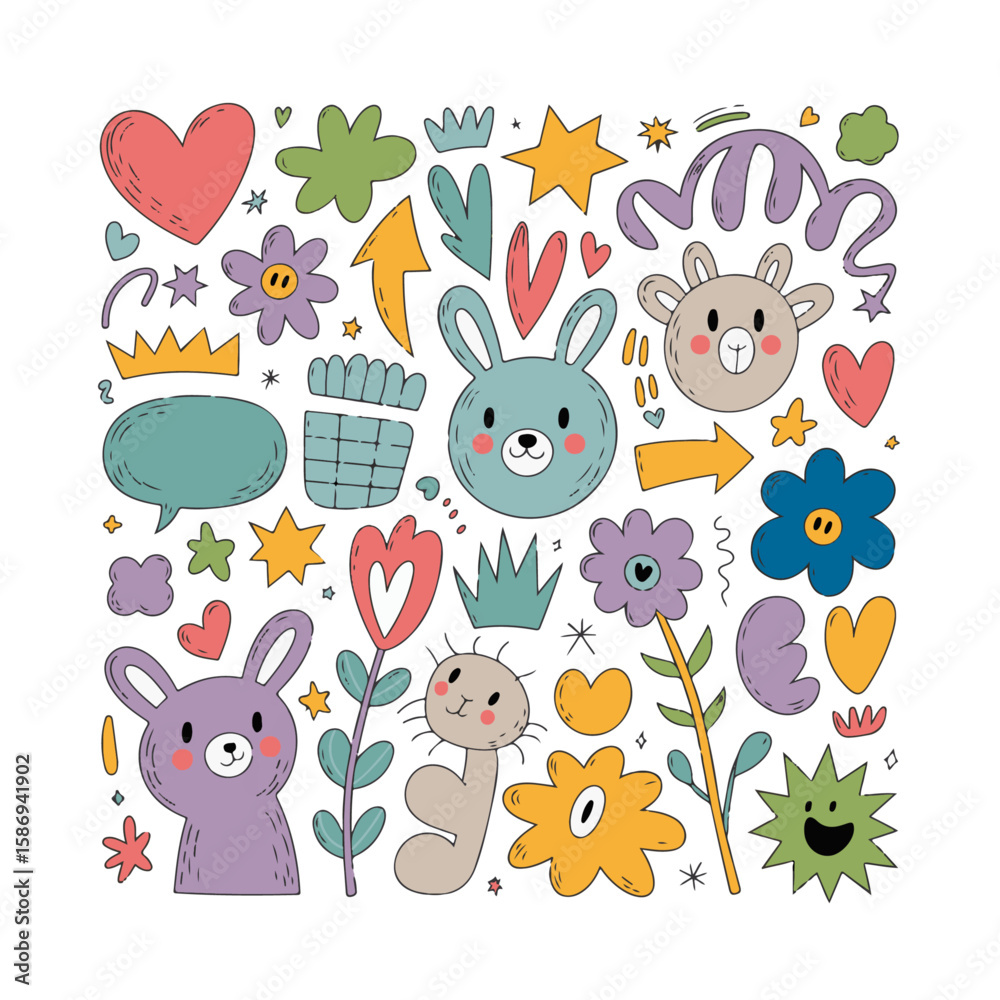 Fototapeta premium Unique Cute Colorful Hand-Drawn Doodle Vector Set