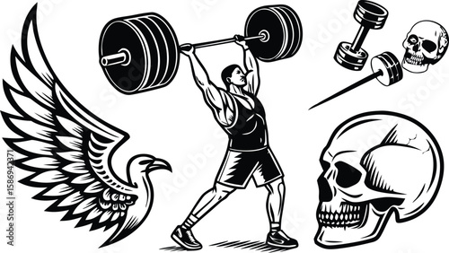 Muscular man lifting barbell near eagle and skulls weightlifting strength