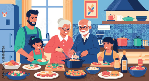 Happy Family Cooking Together in Kitchen