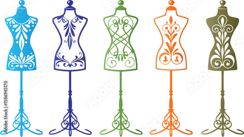 Ornate dress forms in vibrant colors mannequin fashion